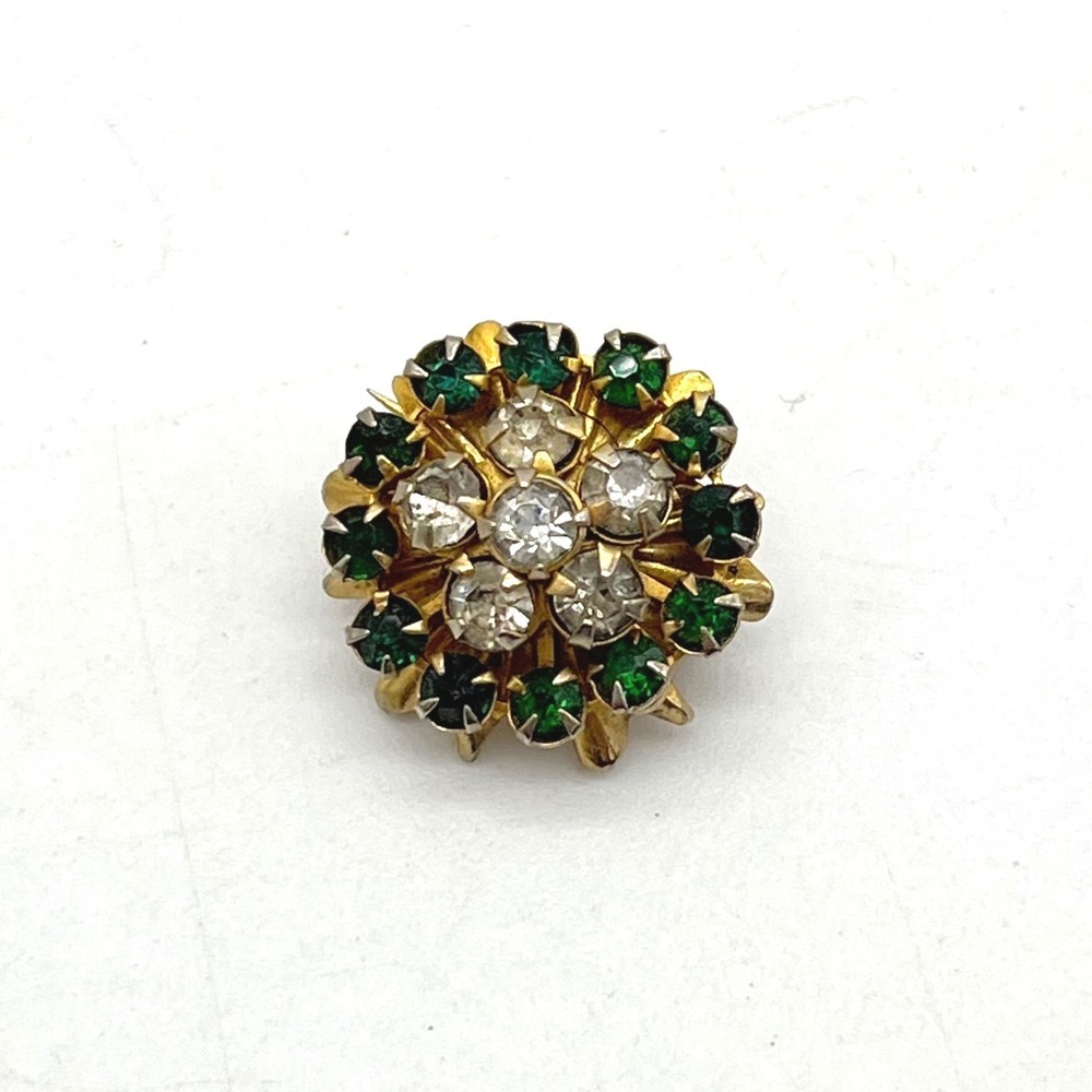 Vintage Gold Tone Emerald Green and Clear Rhinestone Sunburst Floral Brooch Pin